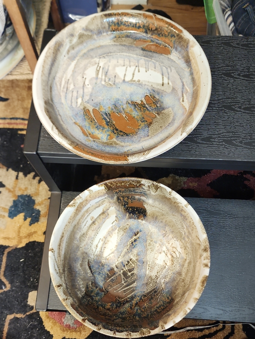 Handcrafted Ceramic Serving Bowl And Pie Plate in Blue, Brown & Cream - VDK
